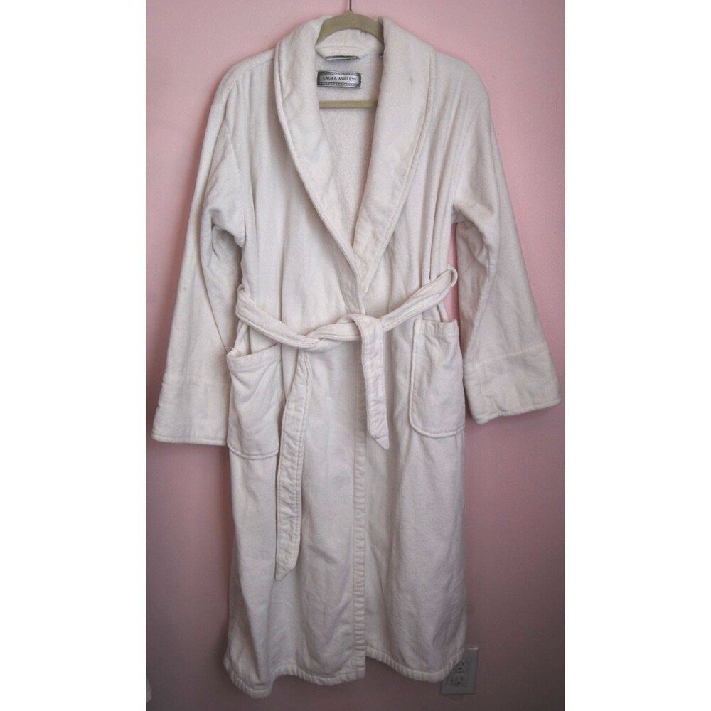 Laura Ashley 90s Vintage White Terry Cotton Plush Bathrobe One Size Fits Most